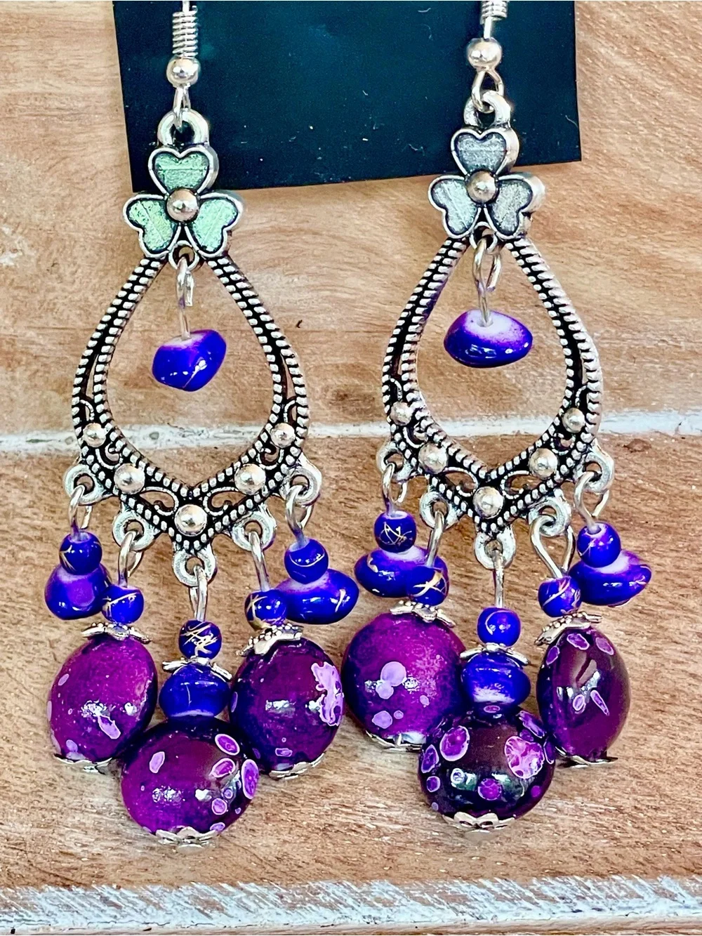 Handcrafted Silver-Tone Purple Bead Chandelier Earrings - Women Jewelry